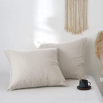 100% French Linen Euro Shams with Embroidery (26'' x 26'') - Pack of 2 - Pre Washed Solid Color Natural Flax Soft Breathable - Linen