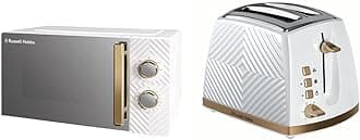 Russell Hobbs 17 Litre 700W White Solo Manual Microwave With Groove Design & 26391 Groove 2 Slice Toaster, Tactile 3D Design Bread Toaster with Frozen, Cancel and Reheat Settings, 850 Watts, White