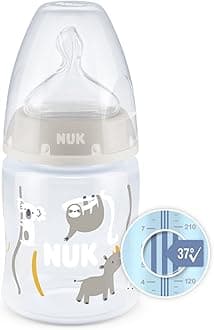 NUK First Choice+ Baby Bottle| 0-6 Months | Temperature Control | Anti Colic Vent | 150 ml | BPA-Free | Silicone Teat | Safari (Beige)
