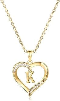 Heart Initial Necklaces for Women, 14K Gold Plated Cubic Zirconia Heart Pendant Necklace, Dainty Initial Charm Necklace Letter A to Z Jewelry for Women Girls