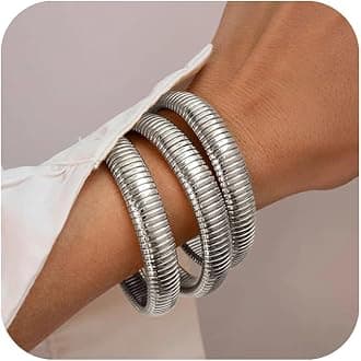 Awinesn Gold Bangles for Women Chunky Stretch Bangles Bracelets Set 18K Gold Plated Stainless Steel Link Chain Bracelets Flexible Wide Wristband Bracelets Set of 3 Jewelry Gifts for Women