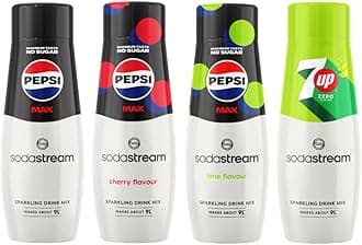 Sodastream Syrup Mixed Pack, Pepsi MAX, Cherry, Lime & 7UP Zero Fizzy Water Flavouring Syrup, Sugar Free Sparkling Drink Mix, Official Pepsi & 7UP Flavours, 4 x 440ml Multipack, Makes Up to 36L