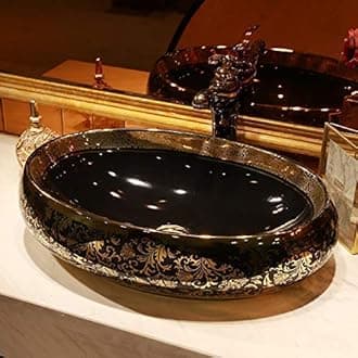 Ceramic Oval Shape Table Top Vessel Sink Over Counter Wash Basin (24 X 16 X 6 Inch, Black Gold)