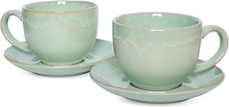 Ceramic Cappuccino Cup and Saucer Set of 2, 10 Oz, Coffee Cups for Latte, Espresso, Tea, Dishwasher and Microwave Safe, Reavtive Glaze (Green)