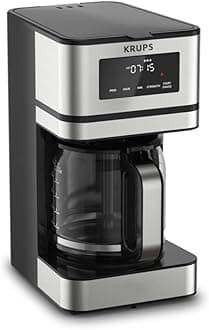 KRUPS Simply Brew: Stainless Steel and Glass Carafe 12 Cup Drip Coffee Maker, Programmable with Digital Display, Dishwasher Safe, Drip Free Coffee Machine, Black and Silver