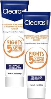 Clearasil Stubborn Acne Control 5 in 1 Spot Treatment Cream, Maximum Strength, Benzoyl Peroxide Acne Medication, 1 oz - Fights Blocked Pores, Pimple Size, Excess Oil, Acne Marks & Blackhe (Pack of 2)