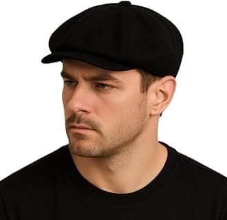 Men's Newsboy Cap Baker Boy Gatsby Style Hat Black Felt Wool Winter Warm Lining Size 58-59cm