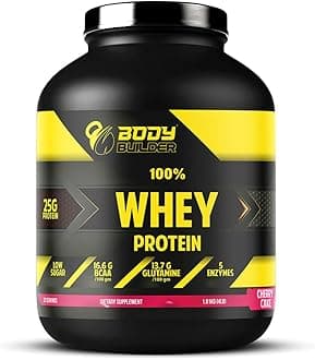 Body Builder 100% Whey Protein - 25g Protein, BCAAs, Glutamine, Digestive Enzymes for Lean Muscle Growth & Endurance, Suitable for Vegetarians & Keto Dieters (Cherry Cake, 4 LB)
