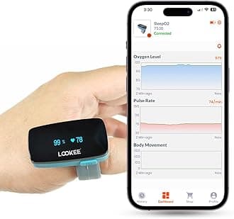 LOOKEE O2 Monitor | Oxygen & Heart Rate Tracker | Vibrating Notification for Low O2 Level | Free Mobile App for Sleep Insights | Fitness, Sports Or Aviation Use Only