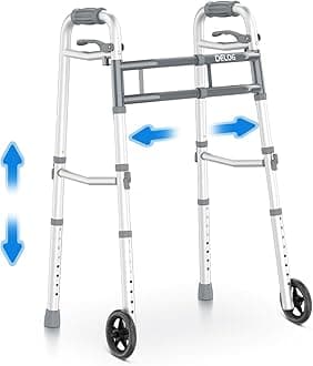 Delog Narrow Folding Walker for Seniors with Trigger Release and 5 Inches Wheels, Lightweight Supports Up to 350 lbs, Aluminum Folding Walker for Elderly, Handicapped and Disabled