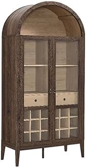 Modway Nolan Modern Farmhouse Arched Bar Cabinet in Dark Walnut Wood Grain - 72 Inch Tall Wine Storage Cabinet with Glass Doors and Wine Rack - Large Liquor Cabinet for Dining or Living Room