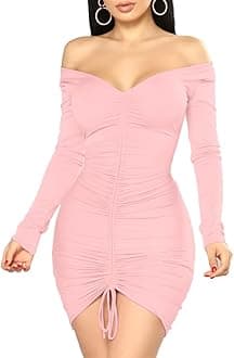 XXTAXNWomen's Sexy Elegant Long Sleeve Off The Shoulder Ruched Mini Dress