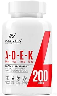 ADEK Vitamin A D3 2000IU K2 (MK-7) 75mcg UK Made & Vegetarian Supplement for Strong Bones, Teeth, Skin, Nails Immune System Antioxidant 200 Tablets