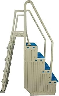 Pool Step & Ladder Grants Plastic for Ground Swimming | Heavy Duty | Warm Grey Frame and Blue Steps | Deck Height Up to 60" | Safely Entering and Exiting the Pool