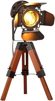 Decoluce Industrial Tripod Floor Table Lamp Vintage Wood Cinema Searchlight Standing Lighting Fixtures Nautical Spotlight Decorations-Not Include E26 Bulbs (Cinema)