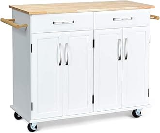 Giantex Kitchen Trolley Cart, Rolling Utility Island w/Rubber Wood Top, Large Storage Easy-Clean with Smooth Lockable Wheels Home Kitchen Carts (White)