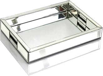 Rectangle Silver Mirror Decorative Tray Size 11” Length x 14” Width x 2” Height, Mirrored Vanity Organizer with Hand, Markup Perfume Jewelry Tray for Bathroom Bedroom Dresser Coffee Table qmdecor
