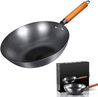 12" Pre Seasoned Cast Iron Pan, Traditional Hand Hammered Carbon Steel Pow Wok, Uncoated Non Stick Pan with Wooden Handle, for Fried, Boiled, Steamed, Stewed