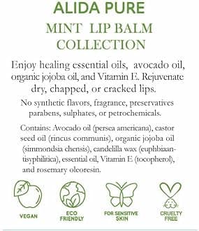 Mint Lip Balm Collection, Vegan Set, Beeswax Free, with Organic Jojoba and Avocado Oil, Vitamin E, Natural Moisturizer for Dry, Chapped Lips, 3 Tube Set