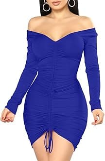 XXTAXN Women's Sexy Elegant Long Sleeve Off The Shoulder Ruched Mini Dress