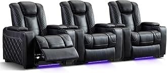 Home Theater Seating Set of 3, Faux Leather Electric Power Recliner Chair with Ambient Lighting, Power Headrest, Lumbar Support, Cup Holders, Hidden Arm Storage, USB Ports, Black