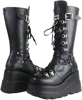 Gothniero High Platform Knee Boots Chunky Heel Wedge Black Boots For Women Combat Goth Punk Motorcycle Booties Zip up With Metal Buckles Size5-11