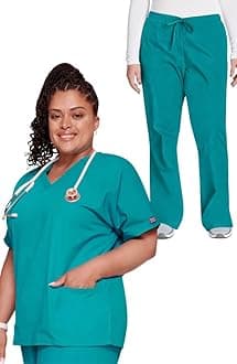 Cherokee Scrub set for women Traditional Fit Dolman Sleeve, V-neck Top 4700 Natural Rise Flare Leg Drawstring Pant 4101