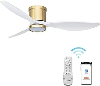Ovlaim 52 Inch Smart Solid Wood Flush Mount Ceiling Fans with Lights Remote Control, 3 Blade White Gold Modern Low Profile Ceiling Fan for Bedroom Living Room, Quiet DC Motor