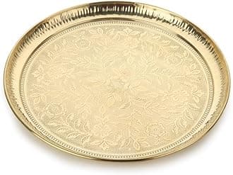 ROLIMOLI Handmade Pure Brass Crafted Puja Thali/Plate with Flower Embossed Design (Size : 11Inch)