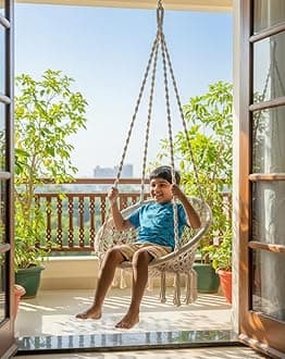 Patiofy Cotton Round Baby Swing/Jhula For Home - Indoor & Outdoor Hanging Chair For Children 5-15 Years (White, 66 Centimeters)