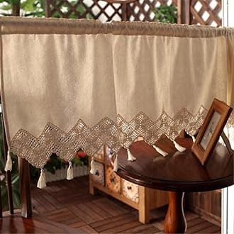 Rustic Boho Curtain Valance with Crochet Lace for Kitchen Farmhouse Cotton Linen Curtains for Home Decor Doorway Rod Pocket Tassel Curtains for Coffee Decor Short Window 1 Panel W59 X L17 Inch