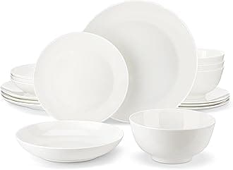 MALACASA Plates and Bowls Sets, 16 Piece Fine Bone China Dinnerware Sets for 4, Round White Dish Set with Dinner Plates Set, and Bowls, Modern Kitchen Dinnerware Set, Lightweight Dishes, Series NORI