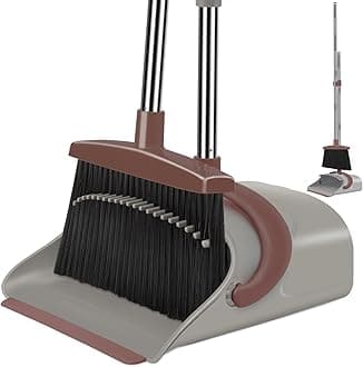 Broom with Dustpan Combo Set, 50.6 inch Long Handle, Upright Standing Broom and Dustpan Set Quiet Cleaning Tool Sweep the Floor Dust pan Removes 4 Times More Pet Hair(Brown and Gray)