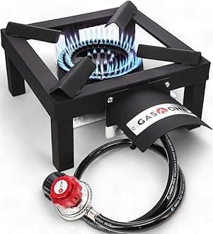 GasOne Single Propane Burner – Propane Burners for Outdoor Cooking with Heat Shield and Guard, Steel Braided Hose – High-Output Propane Burner Head for Camping, Tailgating, Home Brewing