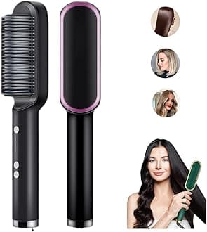 2023 New Negative Ion Hair Straightener Styling Comb, 5 Temp Settings 2 in 1 Hair Straightener Brush and Curler, Portable Electric Straightening Comb 10s Fast Heating & Anti-Scald for Women Thick Hair