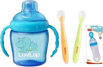 LuvLap Feeding Spoon with Squeezy Food Grade Silicone Feeder Bottle, 90Ml,Blue & Baby Feeding Spoon Set of 2 with Ultra Supple 100% Silicone Tip, BPA Free Plastic,(Green & Pink) & Hippo Sipper Blue