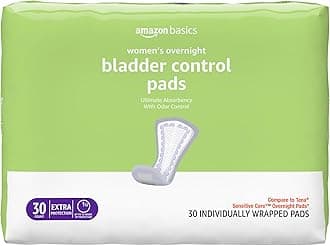 Amazon Basics Incontinence, Bladder Control & Postpartum Pads for Women, Overnight Absorbency, 30 Count, 1 Pack (Previously Solimo)