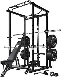 RitFit Squat Rack Power Cage Home Gym Package, Includes 1000LBS Power Rack with LAT Pull Down, Weight Bench, Rubber/Bumper Plates Set with Olympic Barbell (Package 1.9K (Bumper Plate 340LBS))-Black
