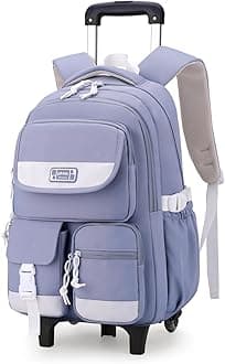 Solid Color Rolling Backpack for Girls Boys Cute Elementary school bag with wheels,Blue Trolley Bags for Travel