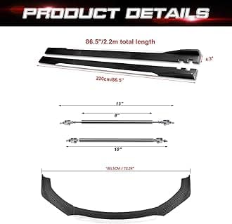 x xotic tech Front Bumper Lip Chin Spoiler+ 2.2M Side Skirt Winglets Diffusers+ Adjustable 10"-13" Support Rod Universal Fit Most Vehicles, Carbon Fiber w/White