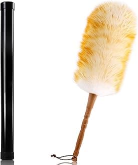 Lambswool Duster with Solid Wooden Handle,Leather Hang Strap,18.9 inch Long,Natural Feather Duster for Cleaning Ceiling Fans,Window Blinds,Computer Screens,Bookshelves etc