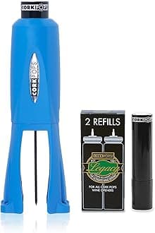 Cork Pops Legacy Wine Opener w/ 3 Refill Cartridges Built-in 4-Blade Foil Cutter Safe Cork Removal, Effortless Push Button Use, Needle Guard for Safety, Low-Pressure Cartridge Opens Up To 60 Bottles