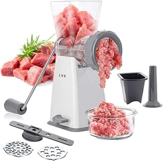 LHS Manual Meat Grinder with Stainless Steel Blades Heavy Duty Powerful Suction Base for Home Use Fast and Effortless for All Meats-Gray