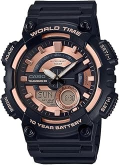 CasioAEQ110BW Series | Men’s Analog-Digital Watch |100M WR | Multi Alarms | 100 SEC Stopwatch | Countdown Timer | World Map for World Time | LED Light | LC Display | 10 Year Battery