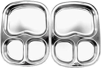 Korean Stainless Steel Divided Plates by KS&E, Kids Toddlers Babies Tray, BPA Free, Diet Food Control, Camping Dishes, Compact Serving Platter, Dinner Snack, 3 Compartment Plate Silver, Set of 2