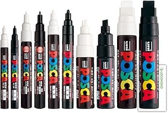 Posca Paint Marker Mixed Size Black&White Marker Pack (Set of 10) , Mitsubishi Uni Poster Color Marking Pen PC-1M, PC-3M, PC-5M, PC-8K, PC-17K + Loconeko Original Manual Set