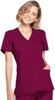 CHEROKEE Women's Workwear Core Stretch Mock Wrap Scrubs Shirt, Wine, Medium