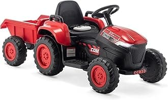 MELLCOM Ride on Tractor, 12V Electric Car Kids Electric Vehicles with Remote Control and Trailer, Ride On Car with 30W Dual Motors, Ride on Toys with Cool Lights, Music,USB, Red
