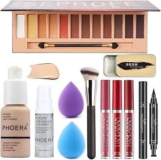 All in One Makeup Set - 12 Color Eyeshadow Palette, Matte Foundation, Face Primer, 3 Color Liquid Lipstick, Eyebrow Soap, Winged Eyeliner Stamp, Makeup Brush, Sponge - Set A