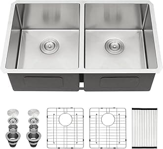 Sarlai 33 Undermount Sink Double Bowl - 33x19 Kitchen Sink Undermount Stainless Steel 16 Gauge Round Corner Double Bowl 50/50 Sink Basin